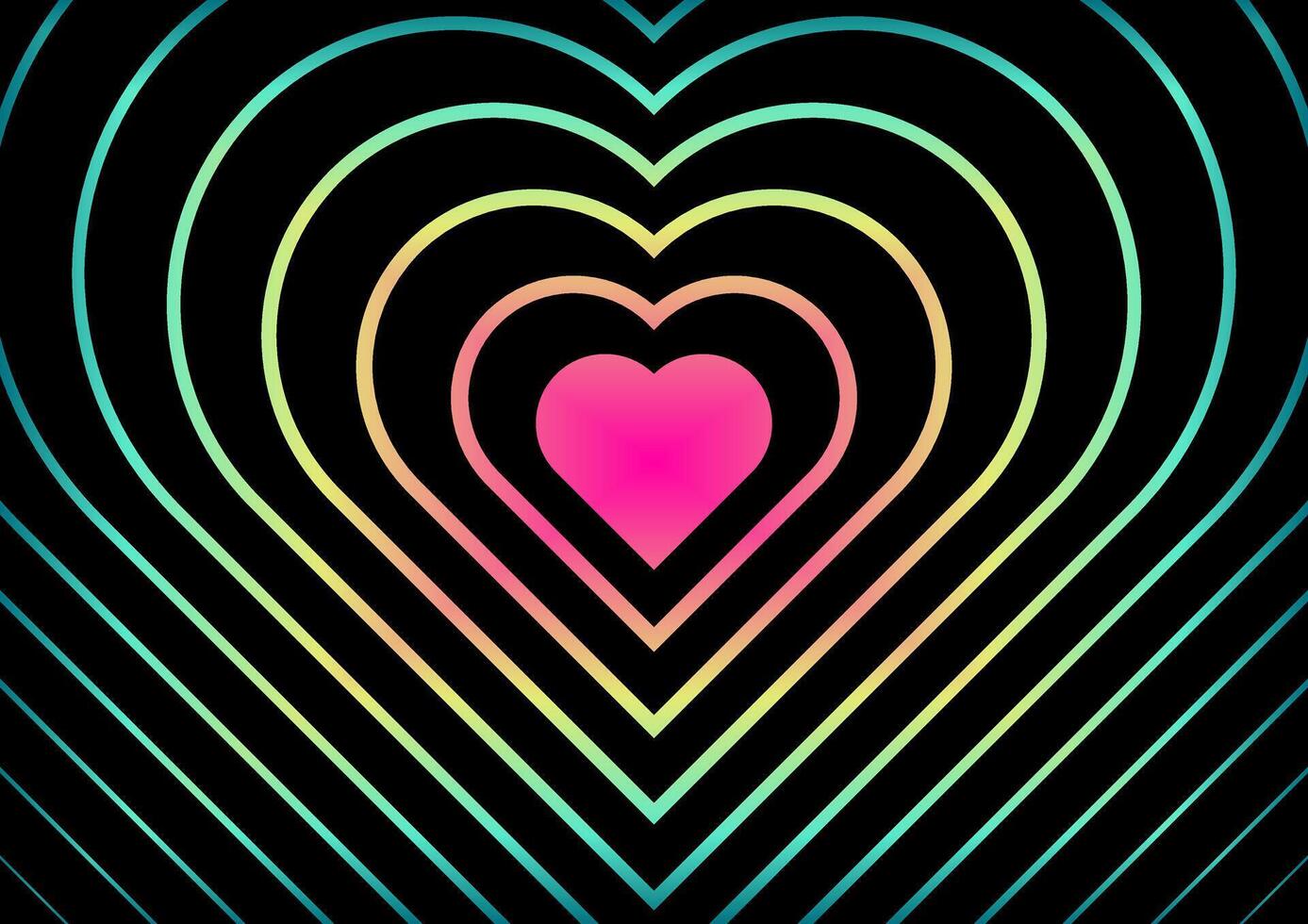 Concentric heart shapes in vibrant rainbow gradient lines expand from a solid pink center on a black background, creating a visually striking and modern abstract design. vector