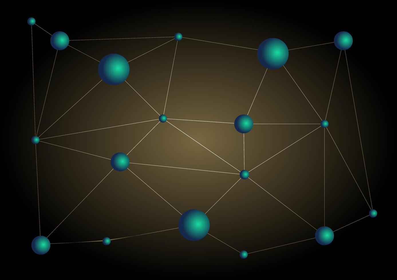 Abstract network of interconnected teal spheres and lines against a dark gradient background. Represents global communication, data flow, technology, and digital connections. vector