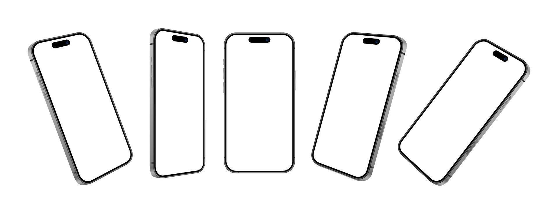 Mobile phone devices front and side angle mockup set for advertisement on white background. Modern smartphone illustration vector