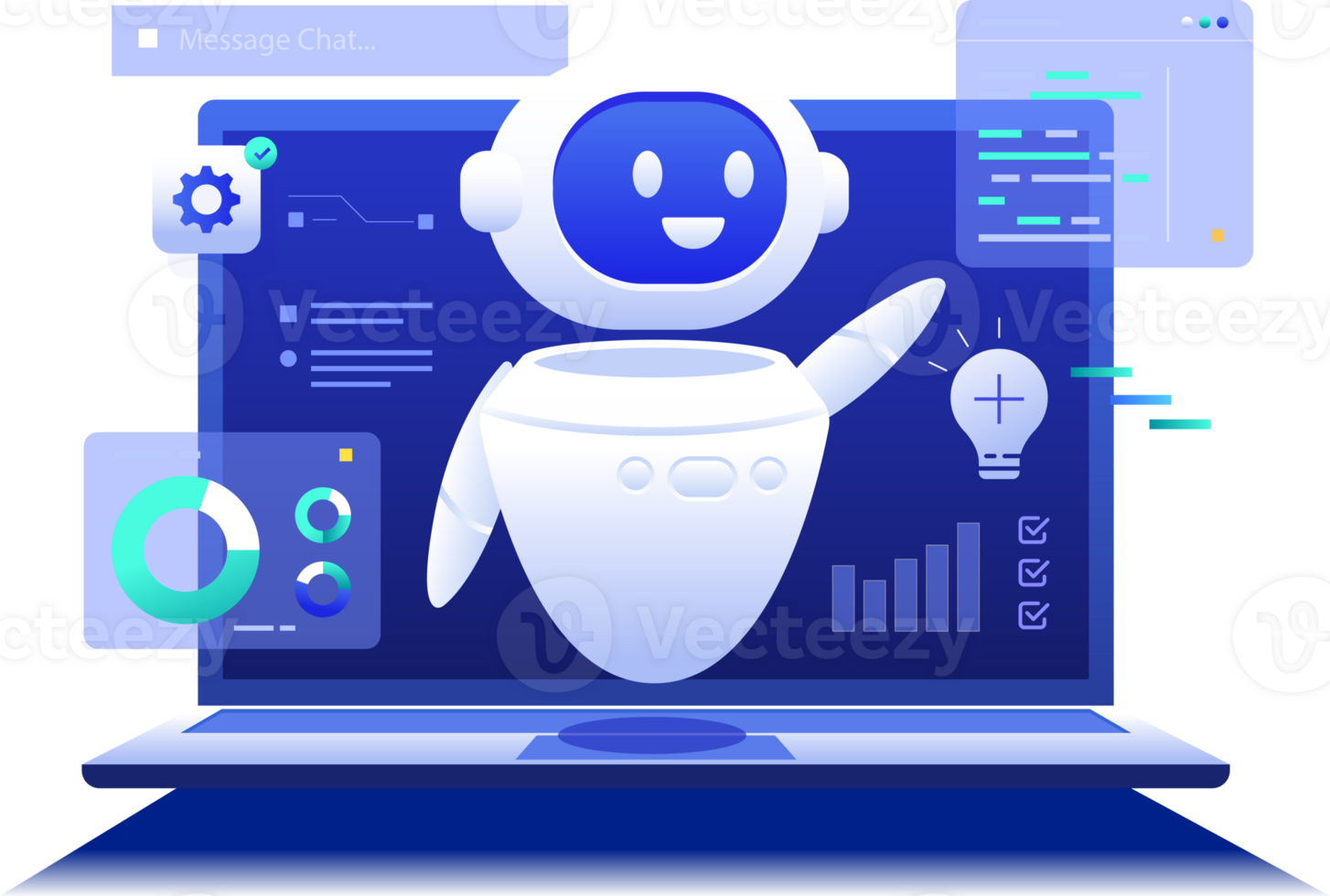 Prompt Engineering in AI Chatbot llm Application, Robotic Assistant with laptop dashboard chat message and Big data concept illustration clipart png