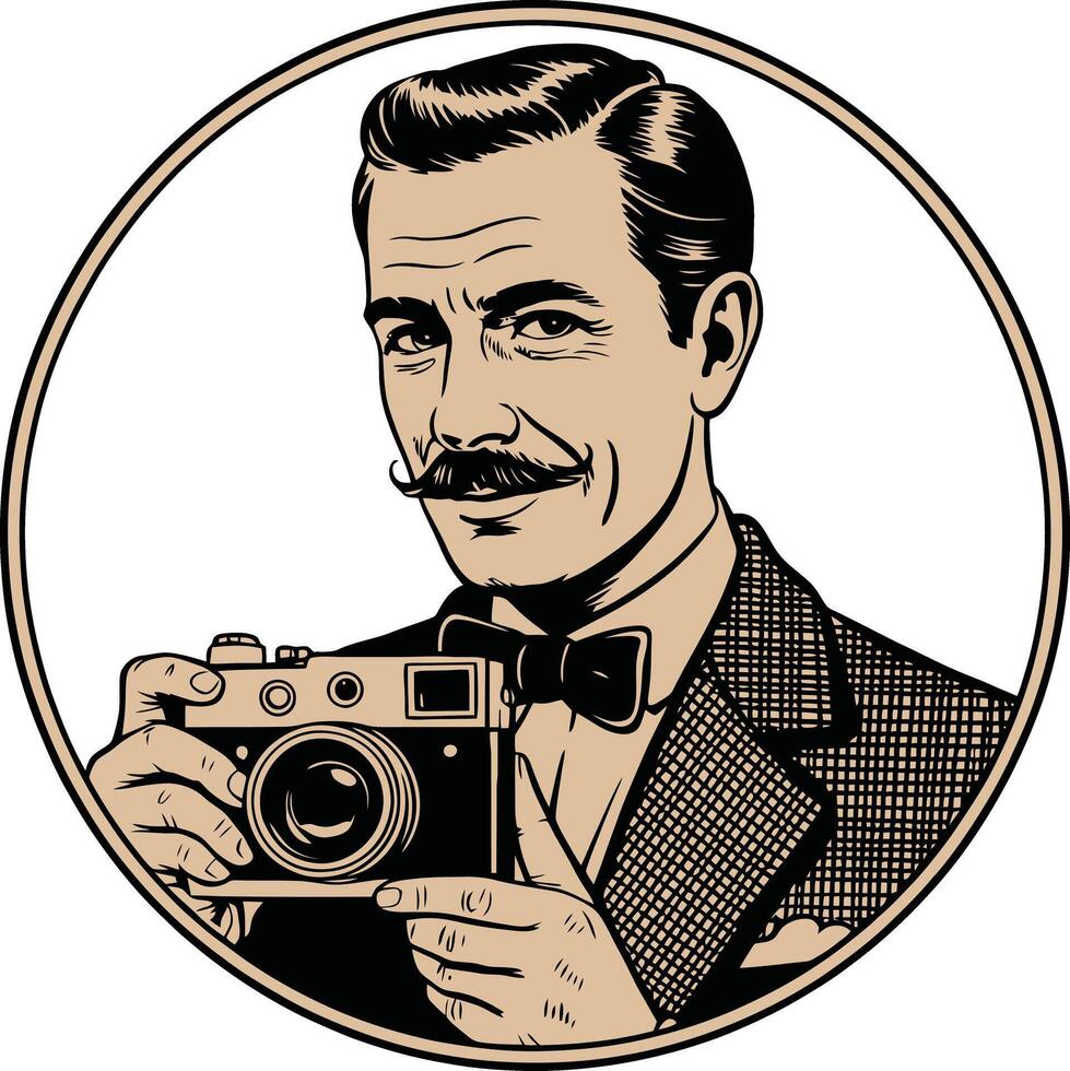 Dapper Photographer with Bowtie and Camera in Circle Frame vector