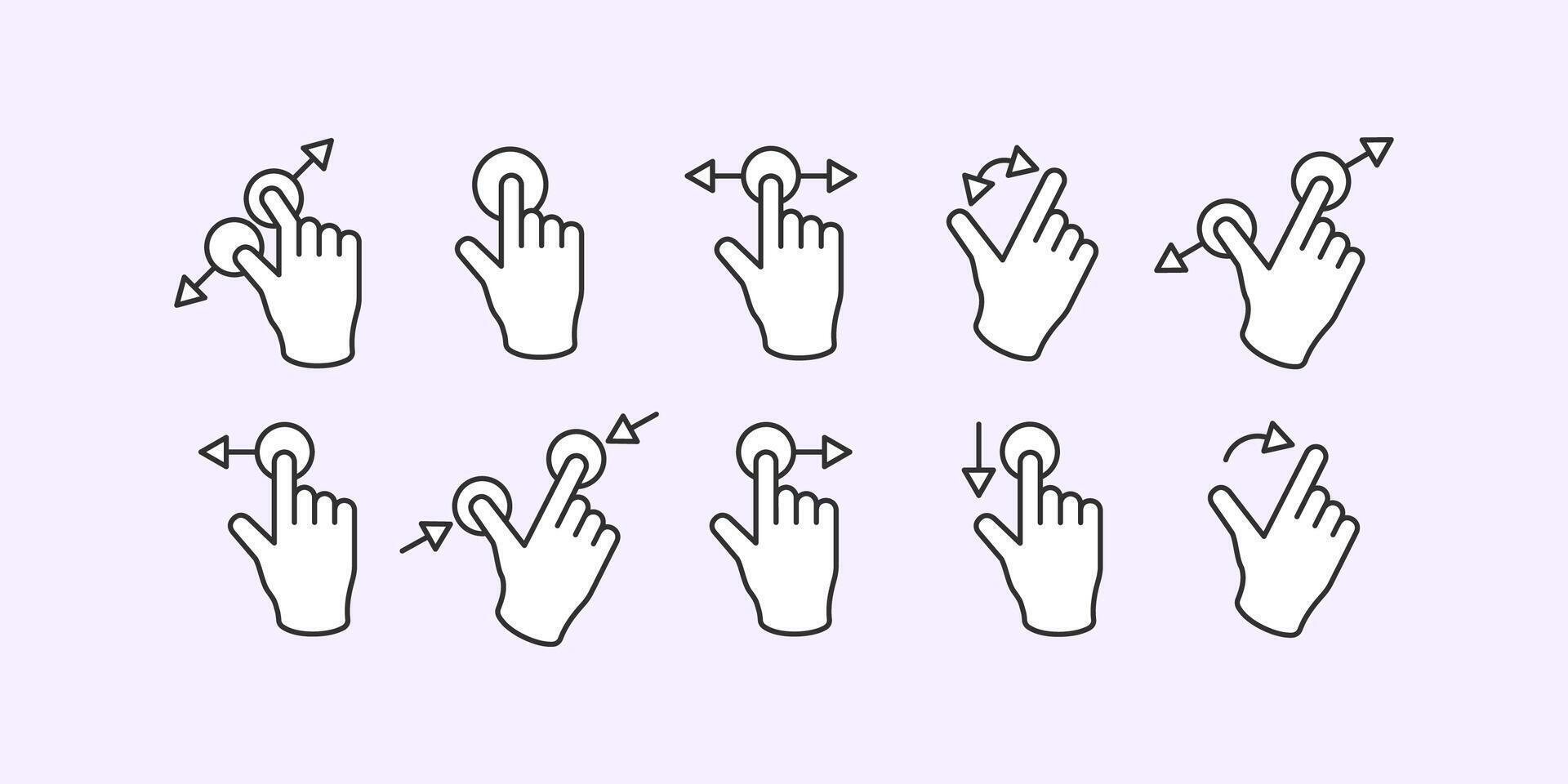 hand icons related to gesture, zoom, move, tap, click. hand gesture outline icons collection vector