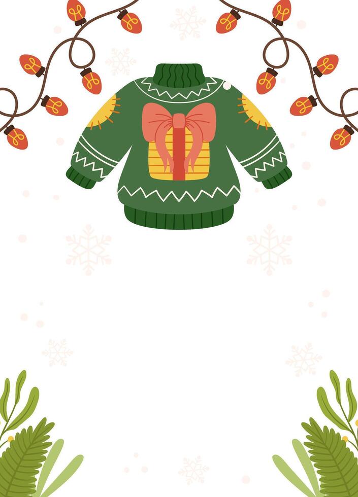 Festive Poster template frame featuring a green Christmas sweater with a bow design, surrounded by string lights, greenery, and snowflakes on a white background. vector