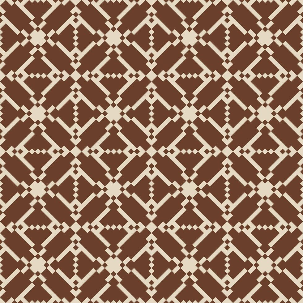 Seamless geometric pixel pattern, inspired by traditional folk and tribal textiles. This 8-bit design features a repeating diamond and chevron motif in a classic brown and beige color palette vector