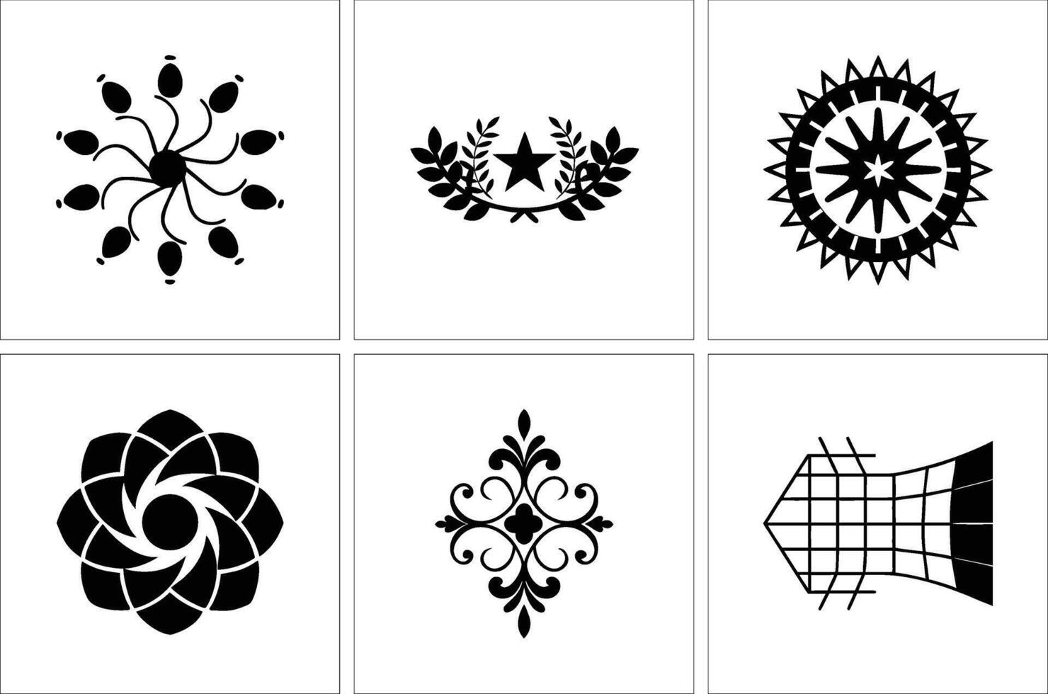 Collection shows ornamental floral pattern, star laurel, and grid patterns, all on white background vector