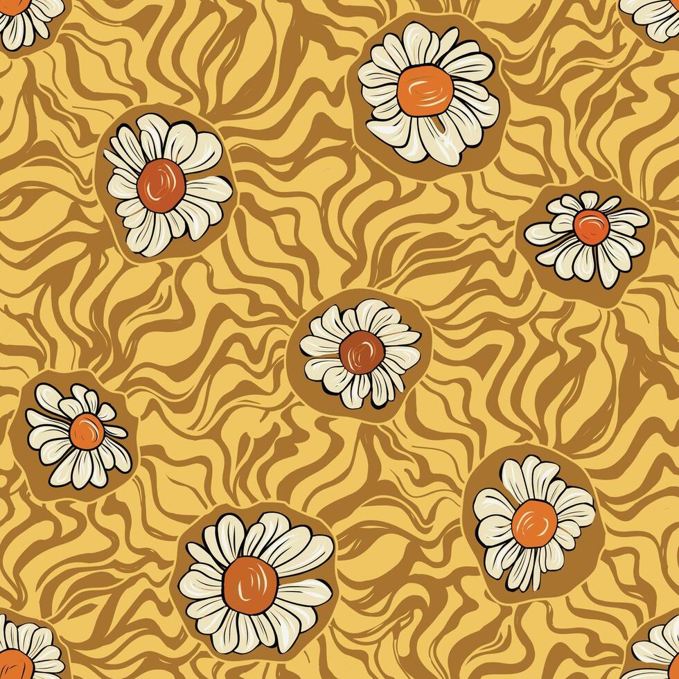 Retro Daisy Pattern with Green Waves. Joy of Summer 1970 Collection vector