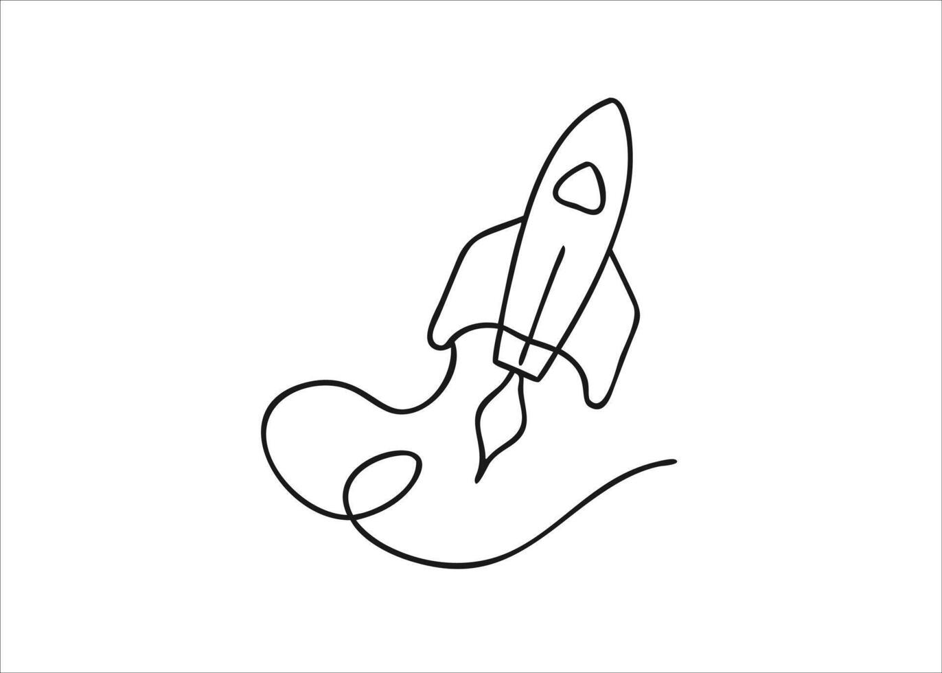 A sleek rocket ship depicted with a single flowing line showcasing its journey through the cosmos isolated on white background vector