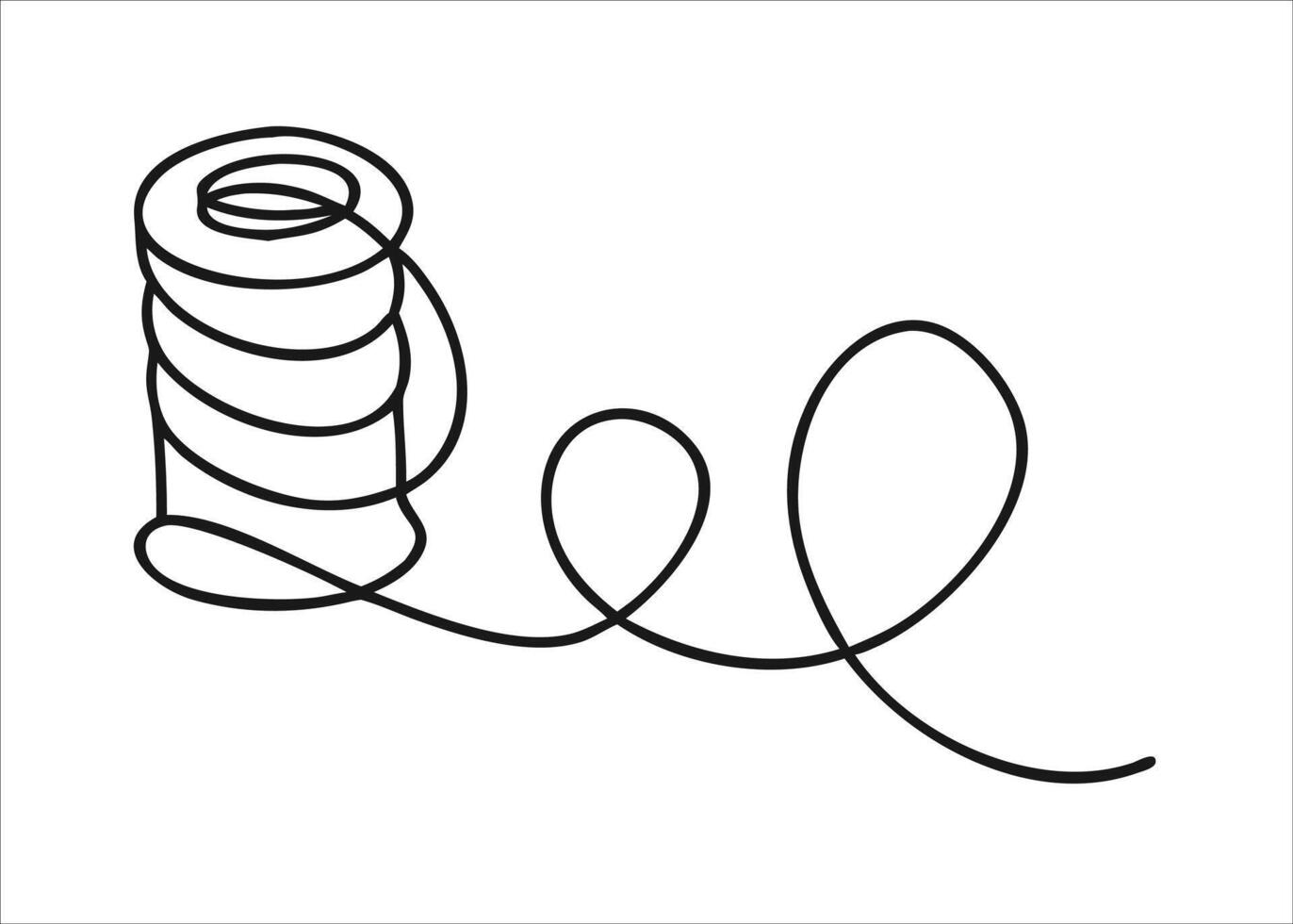 un singular continuo línea dibujo representando un textil carrete de hilo exhibiendo sus cilíndrico formar y herida material presentado aislado en blanco antecedentes vector