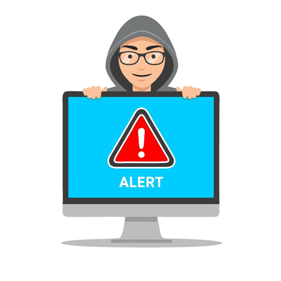 Flat Illustration Hacker Showing Alert Message on Computer Screen vector