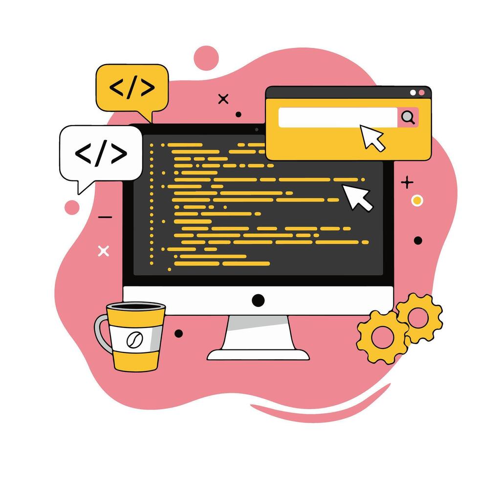 Modern Flat Line Coding Illustration with Computer and Development Elements vector