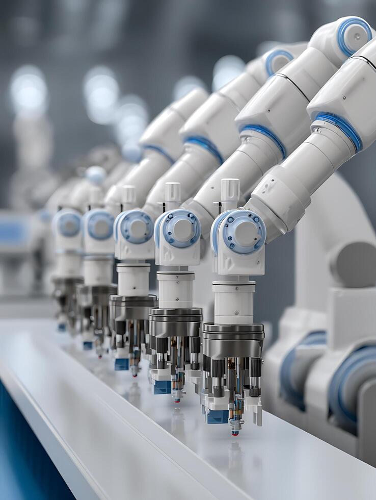 Automated Robotic Assembly Line in Modern Factory Close Up. A detailed image showcasing the precision and efficiency of industrial robotic arms performing assembly tasks. photo