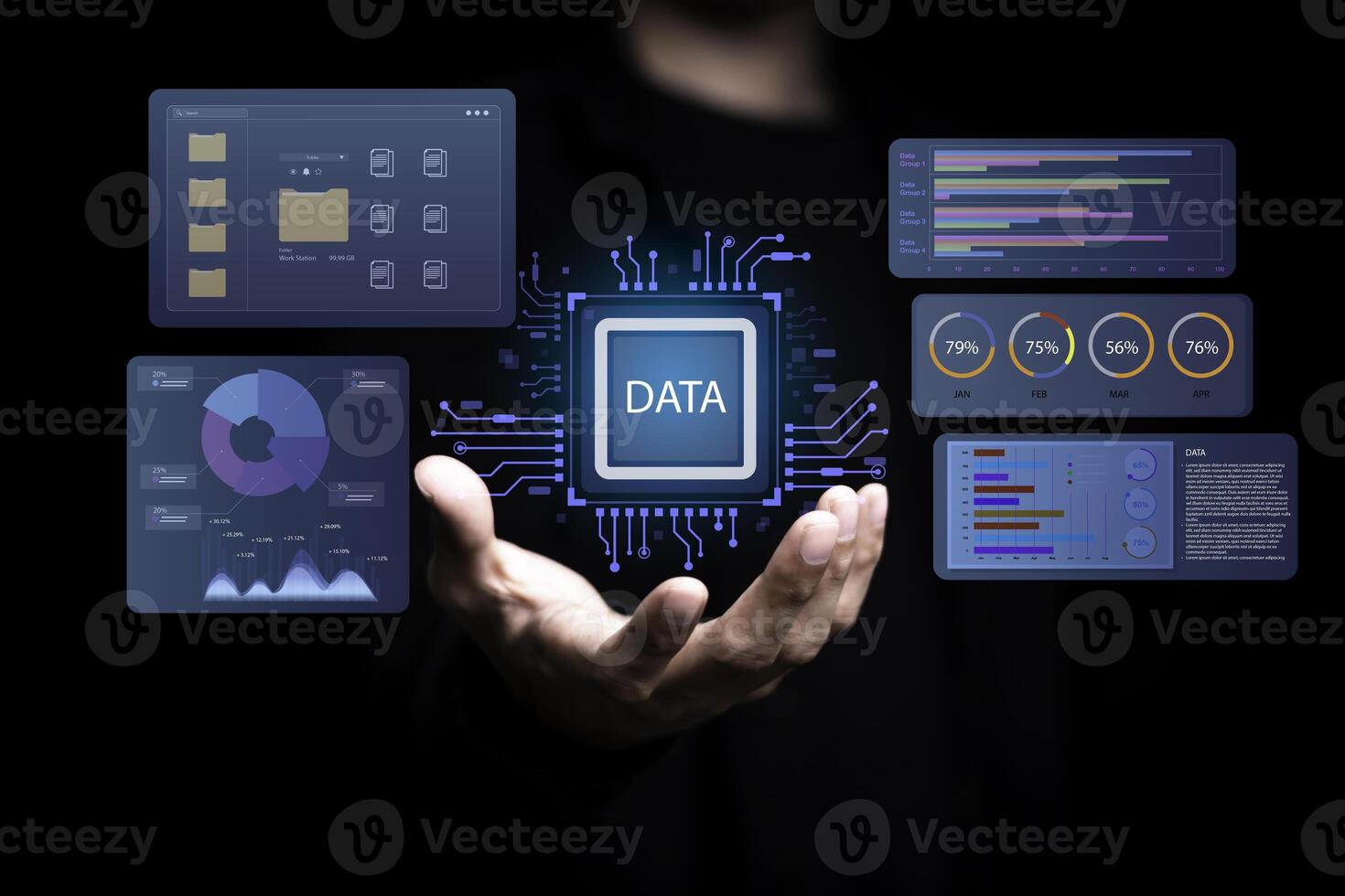 Businessman holding virtual data chip surrounded by analytics dashboards, charts, and graphs, representing big data management, digital information analysis, and business intelligence technology. photo