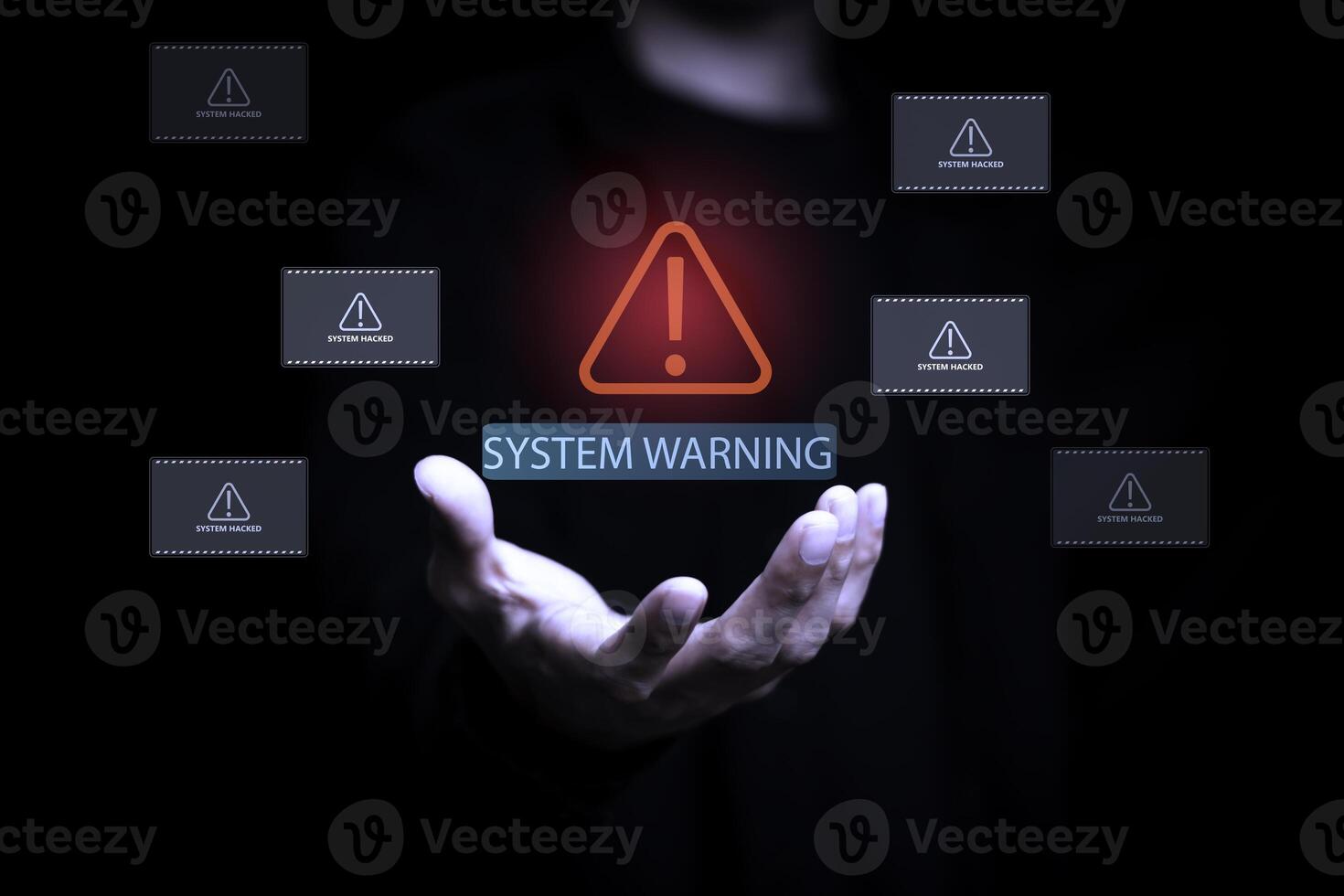 System warning alert with hacker breach notifications floating above businessman hand, representing cybersecurity threat, data breach, and network vulnerability in technology and IT security concept. photo
