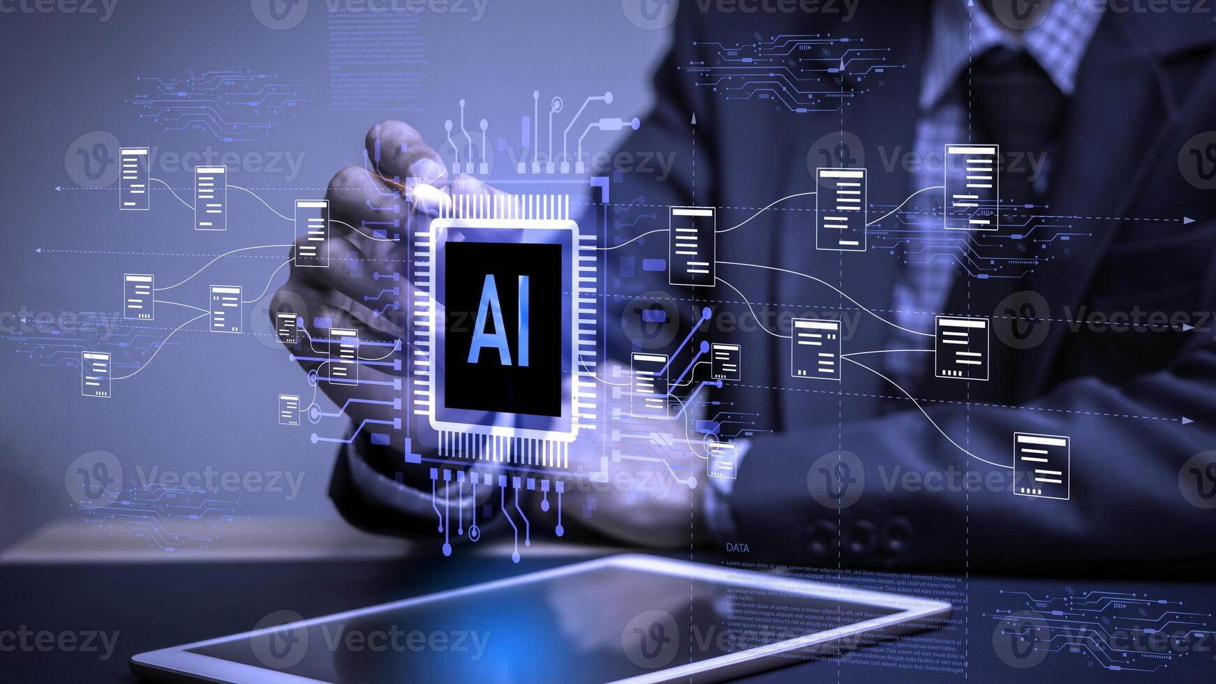 Businessman holding virtual AI chip with data flow connections, representing artificial intelligence technology, big data processing, and machine learning integration for business and innovation. photo