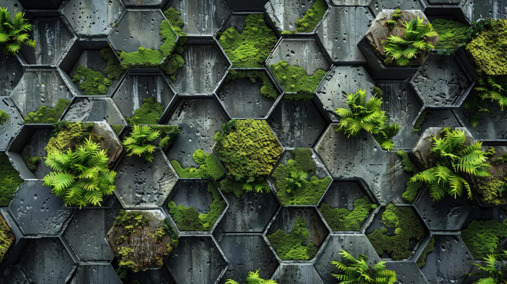 Hexagonal stone blocks with moss and ferns nature and architecture integration photo