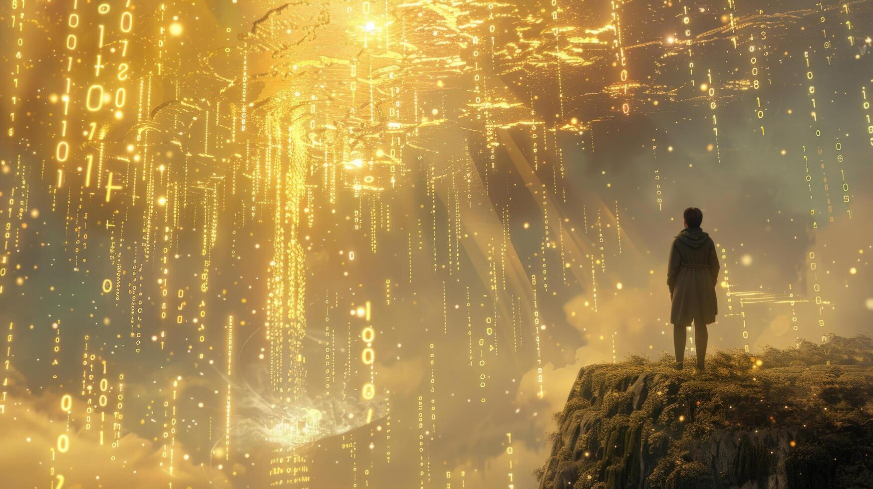 Person watching digital rain on cliff edge computer binary code futuristic vision photo