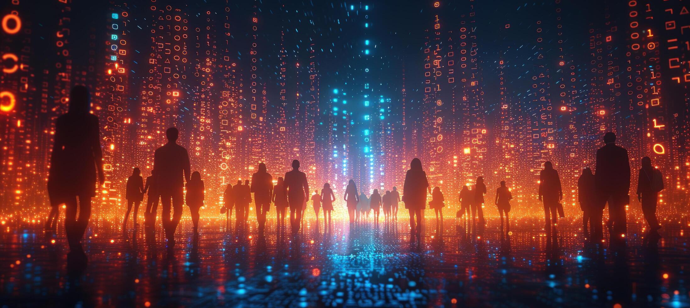 Digital future crowd walking through binary code streams technological world photo
