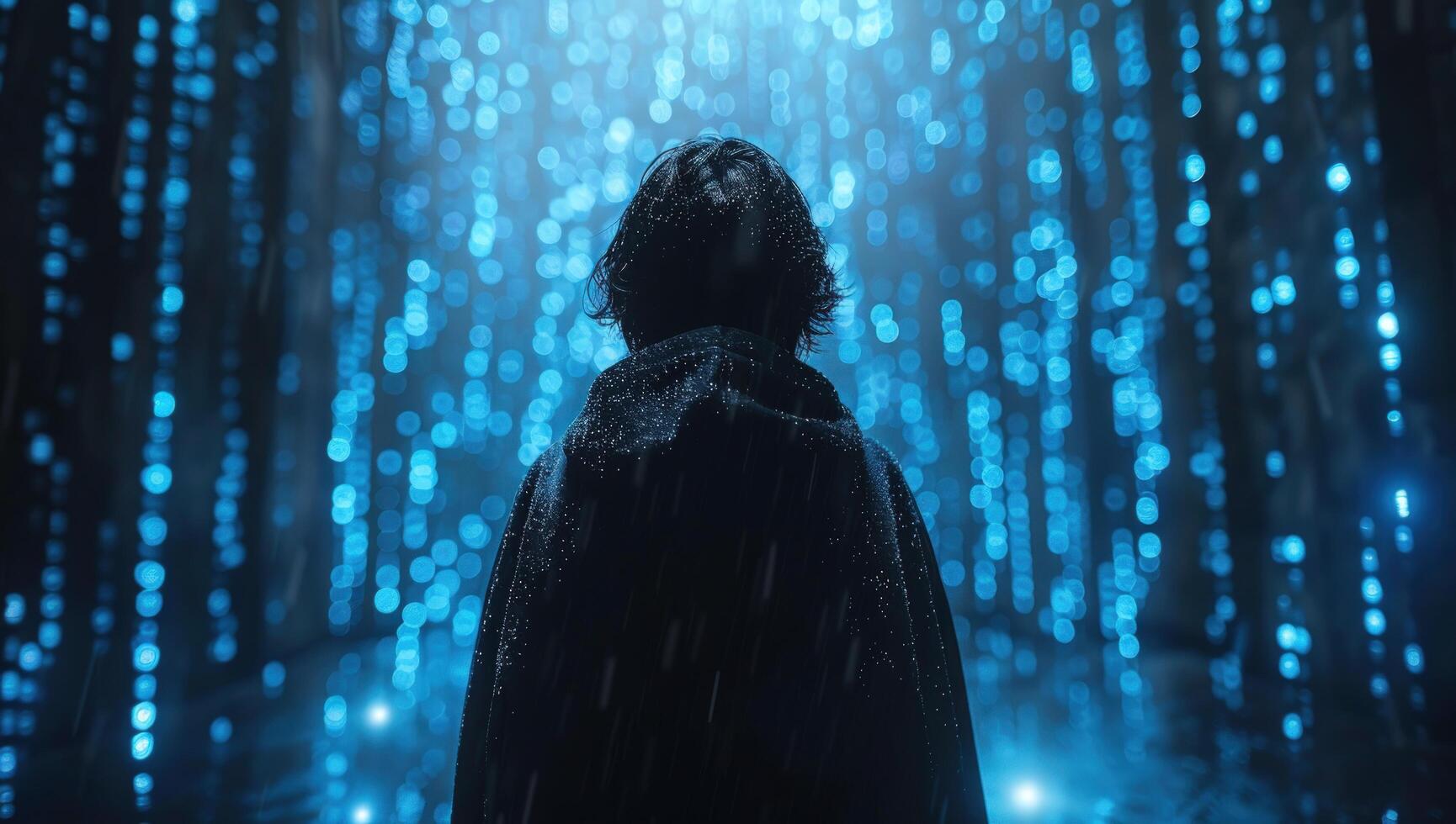 Technological immersion person in digital light stream data interface photo