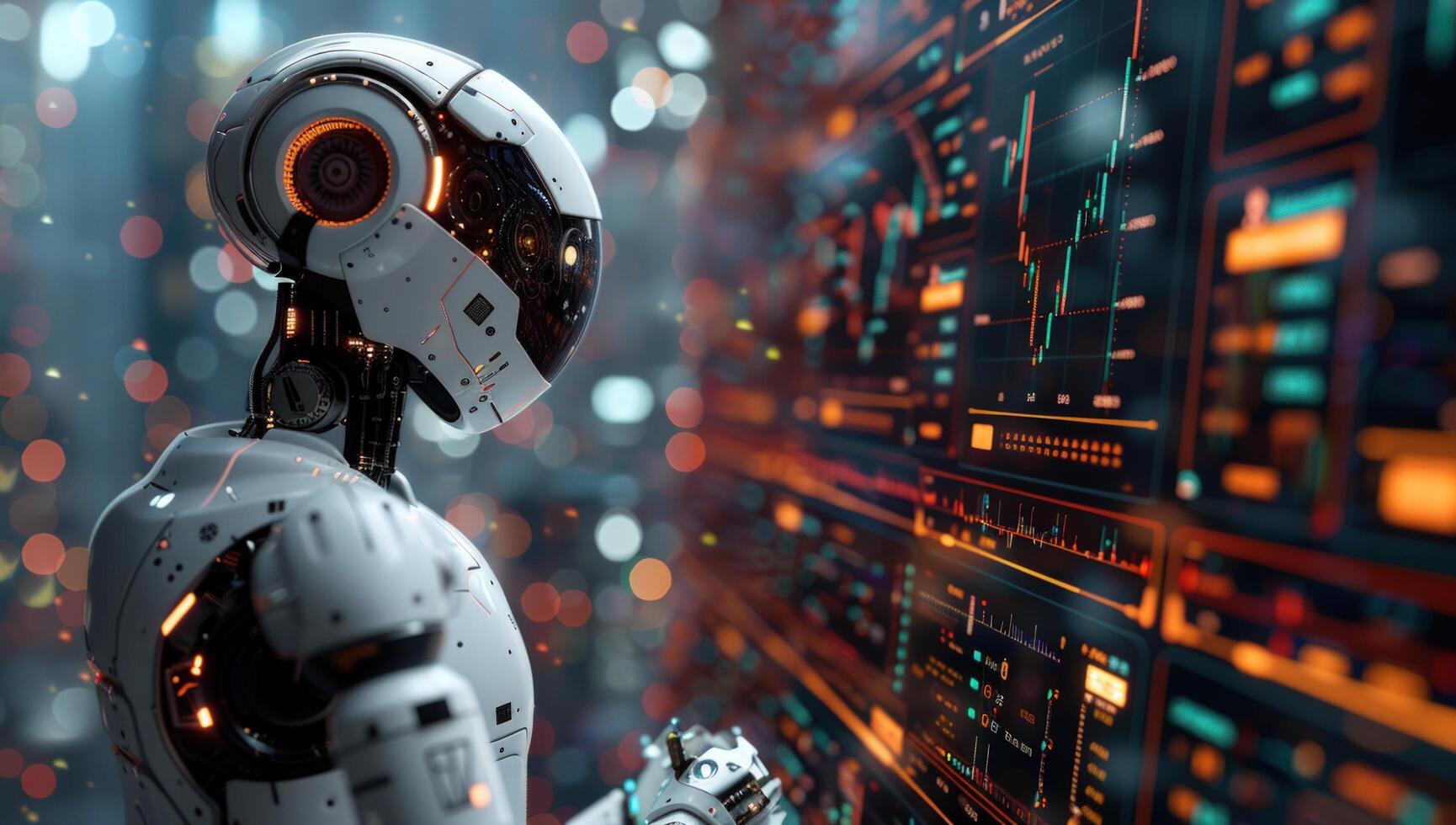 Artificial intelligence robot analyzing digital data screen futuristic technology photo