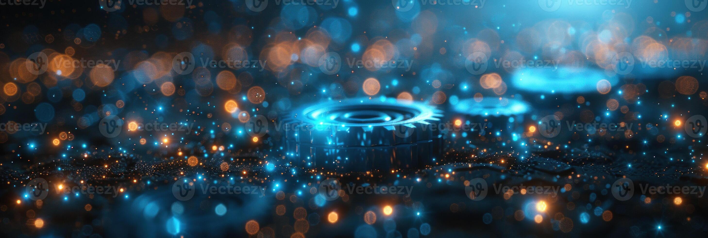 Abstract technology background with glowing circular platforms and bokeh lights photo