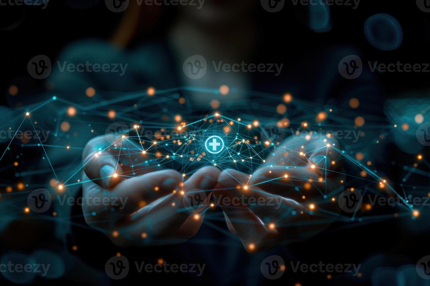 Connected network in hands future technology concept visualization data transmission photo