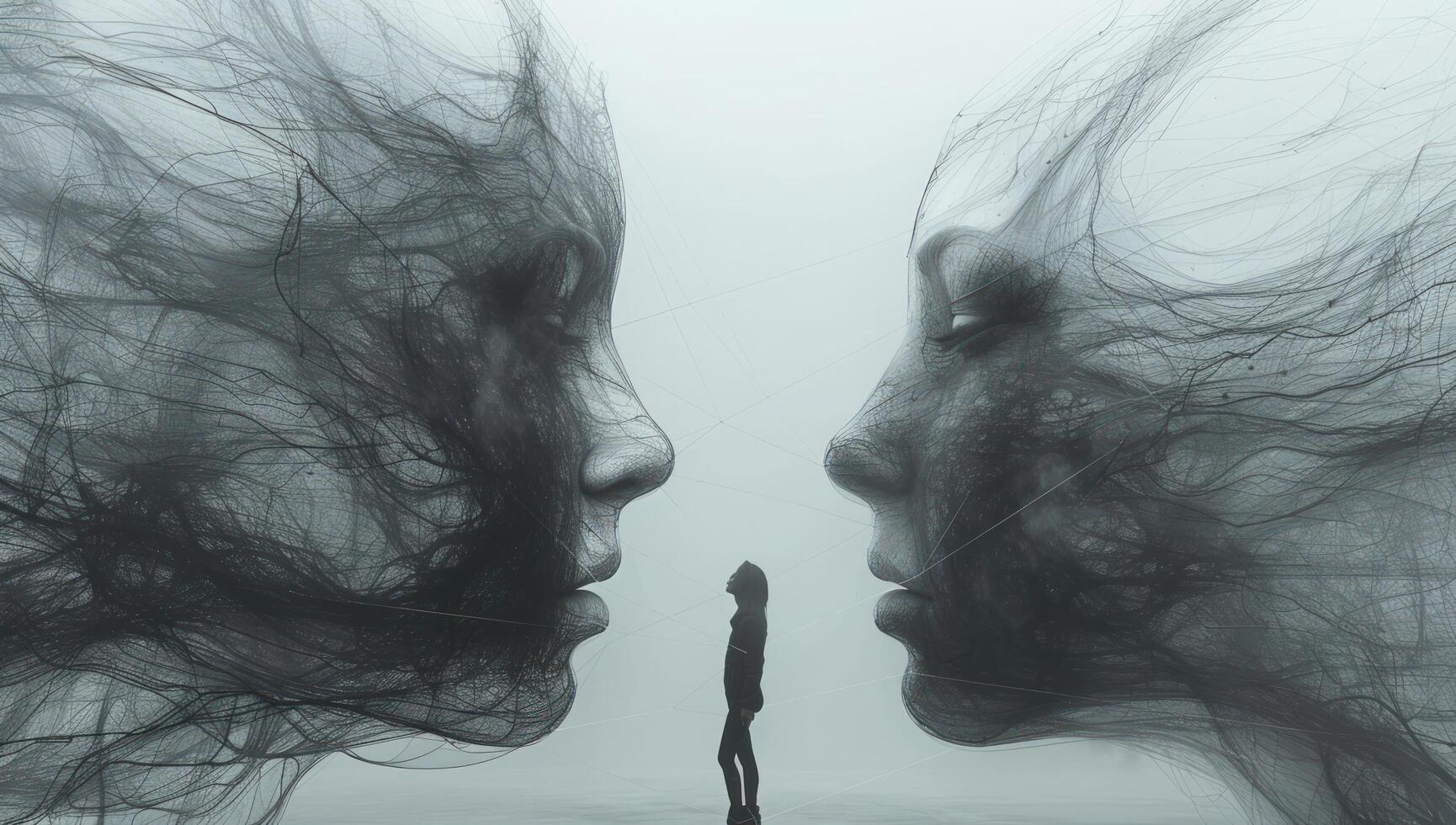 Conceptual image of a person standing between two abstract face profiles in monochrome photo