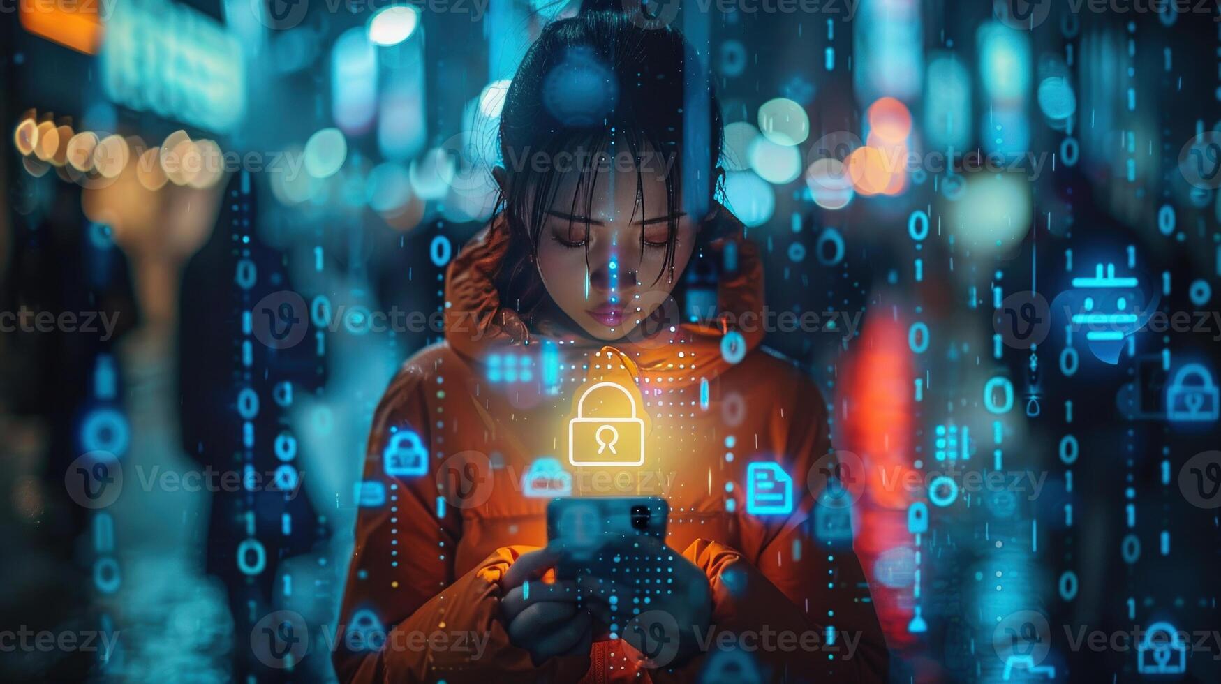 Digital security on mobile device with abstract binary code overlay photo