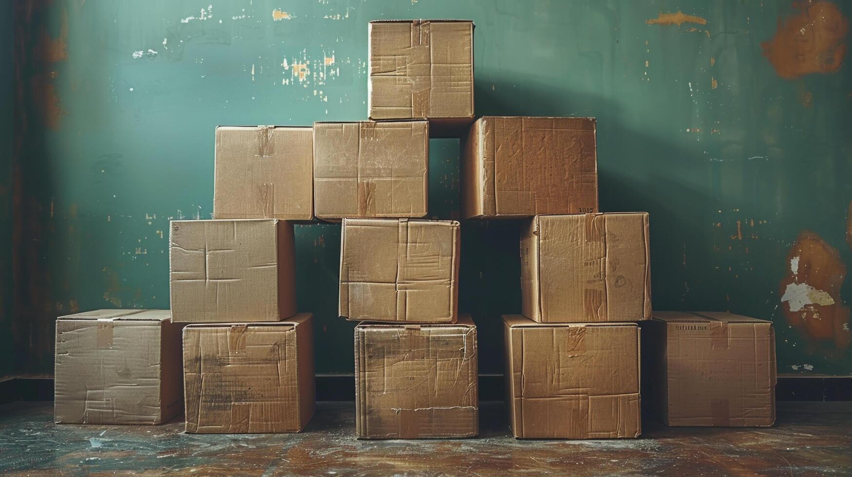 Stack of cardboard boxes in front of textured wall background photo