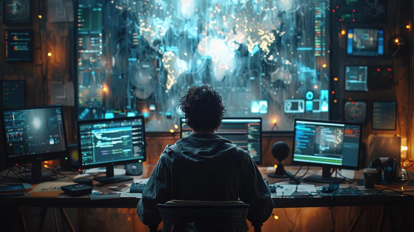 Person working with multiple computer screens displaying data and code in a high tech environment photo