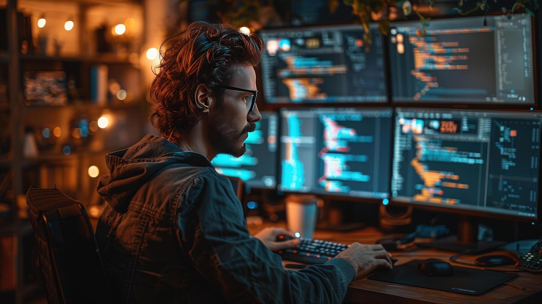 Software developer working on multiple monitors shows computer code and cybersecurity photo