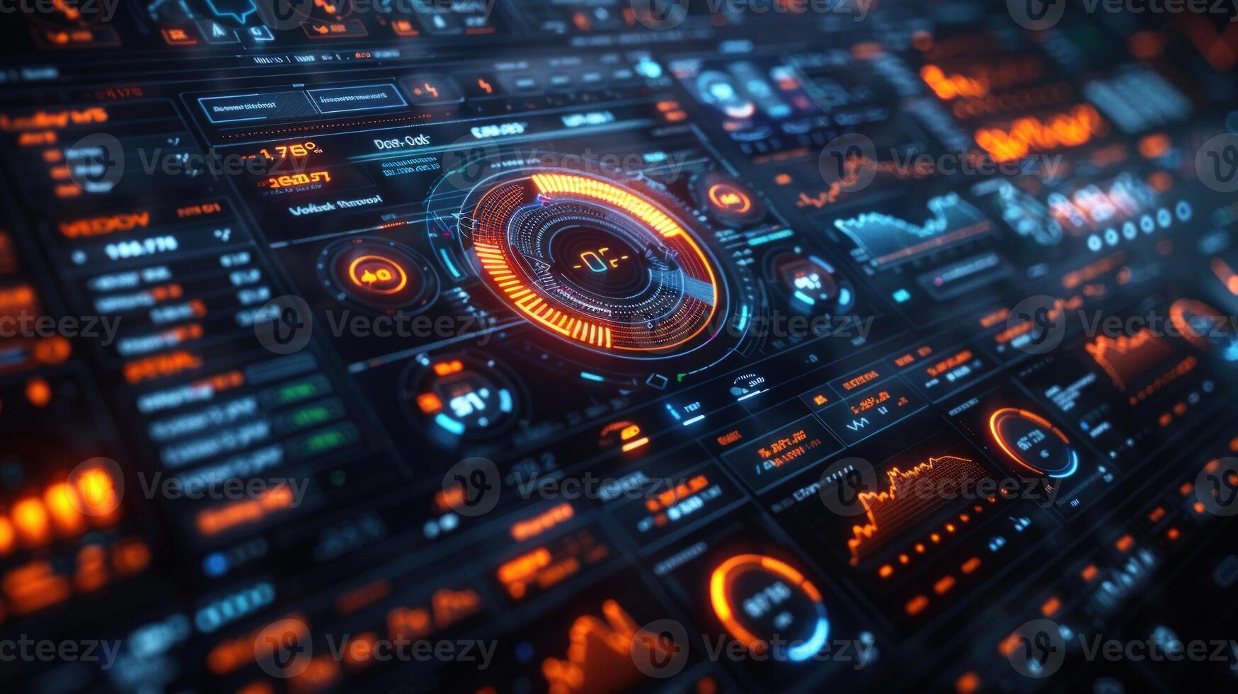 Advanced digital interface panel with data charts and glowing elements photo