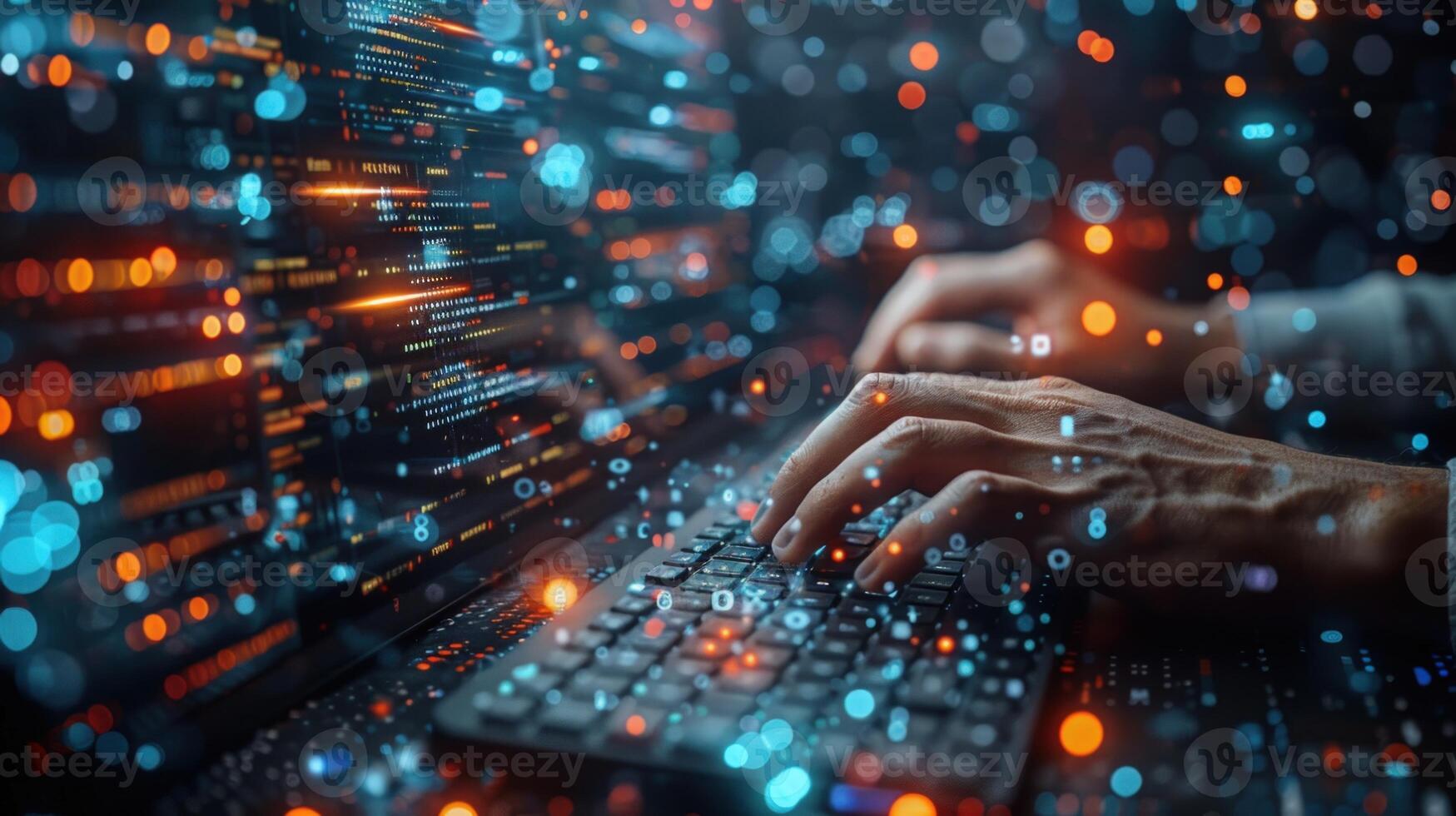 Digital data stream flowing onto keyboard hands typing technology photo