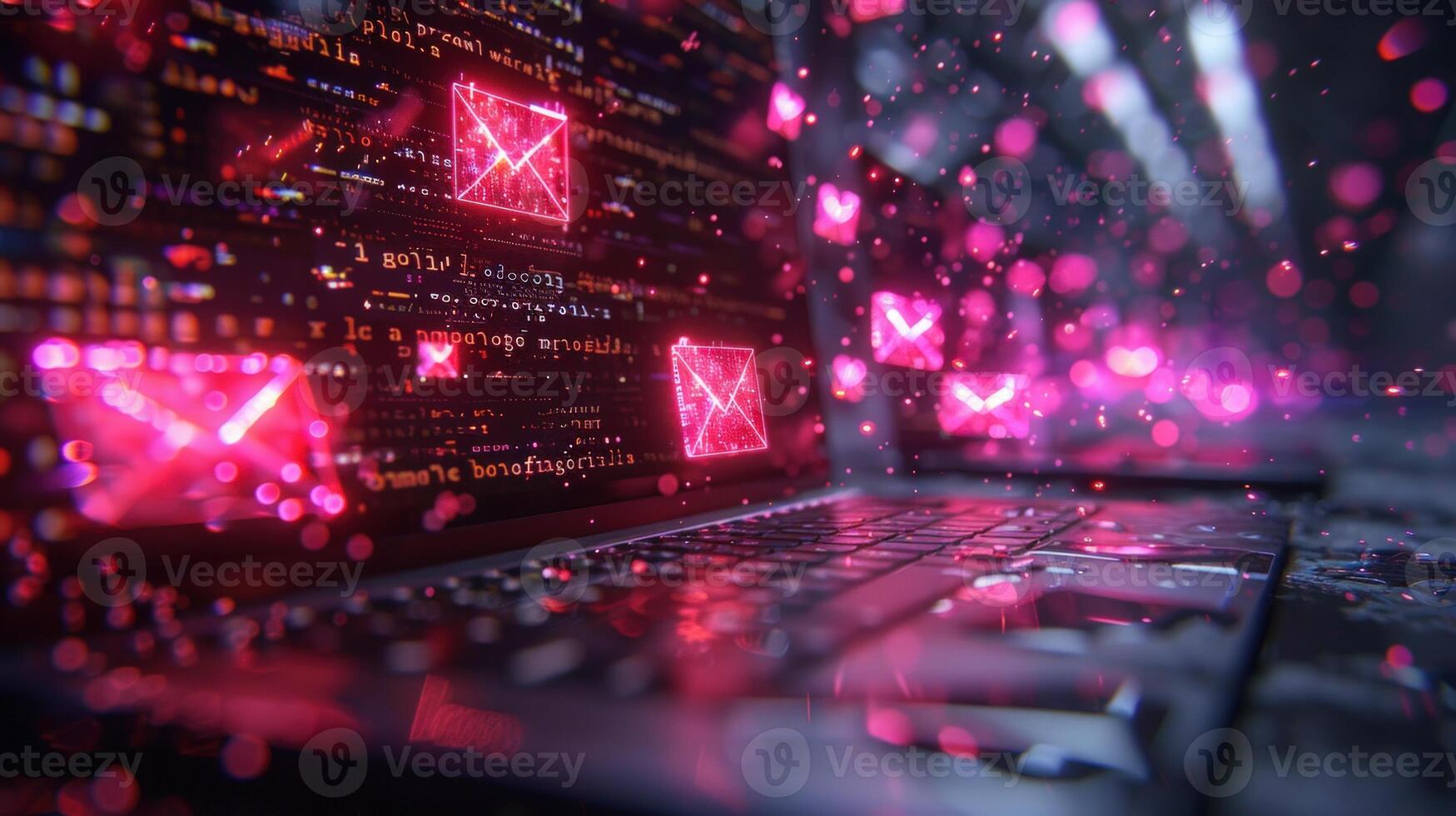 Computer screen displaying digital code and email icons for technology and security photo