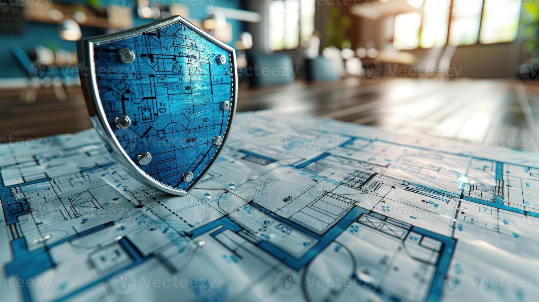 Cybersecurity shield over architectural blueprint for building protection and secure technology design photo