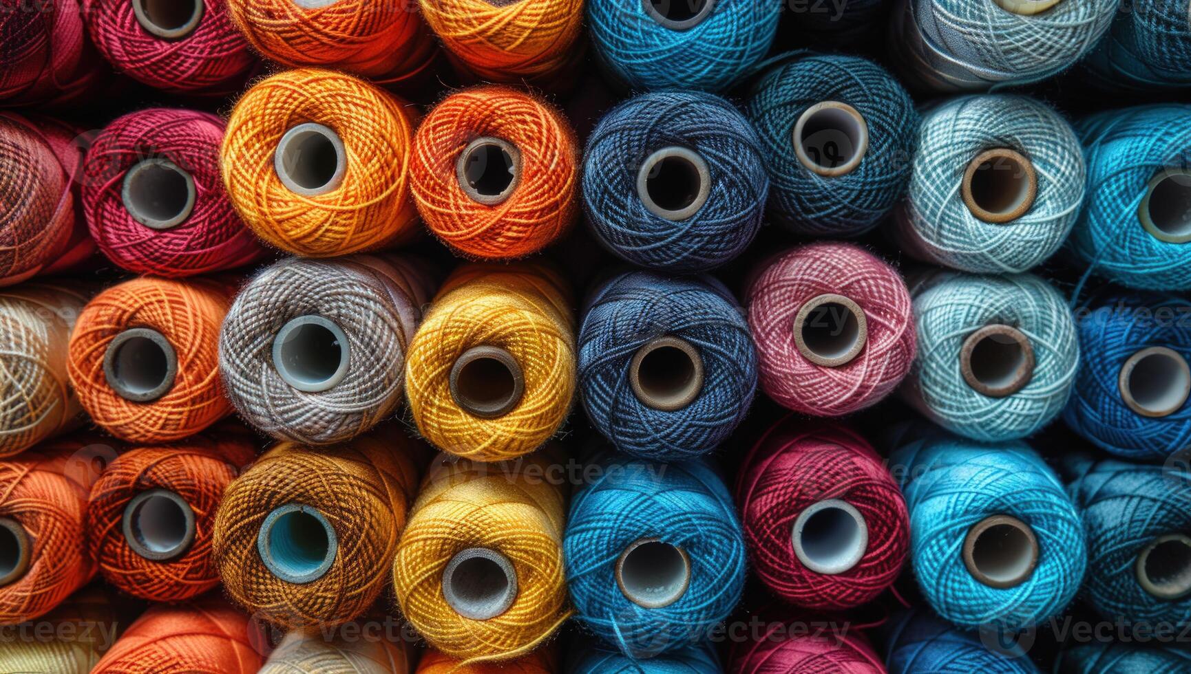 Rows of colorful threads spools textile art and craft material close up photo