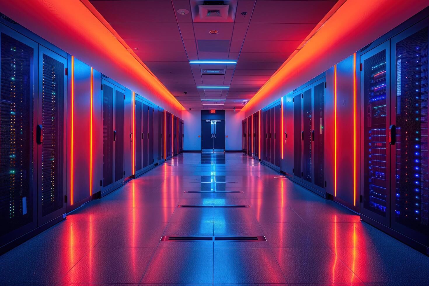 Symmetrical data center with server racks and neon lighting for cloud computing and it infrastructure photo