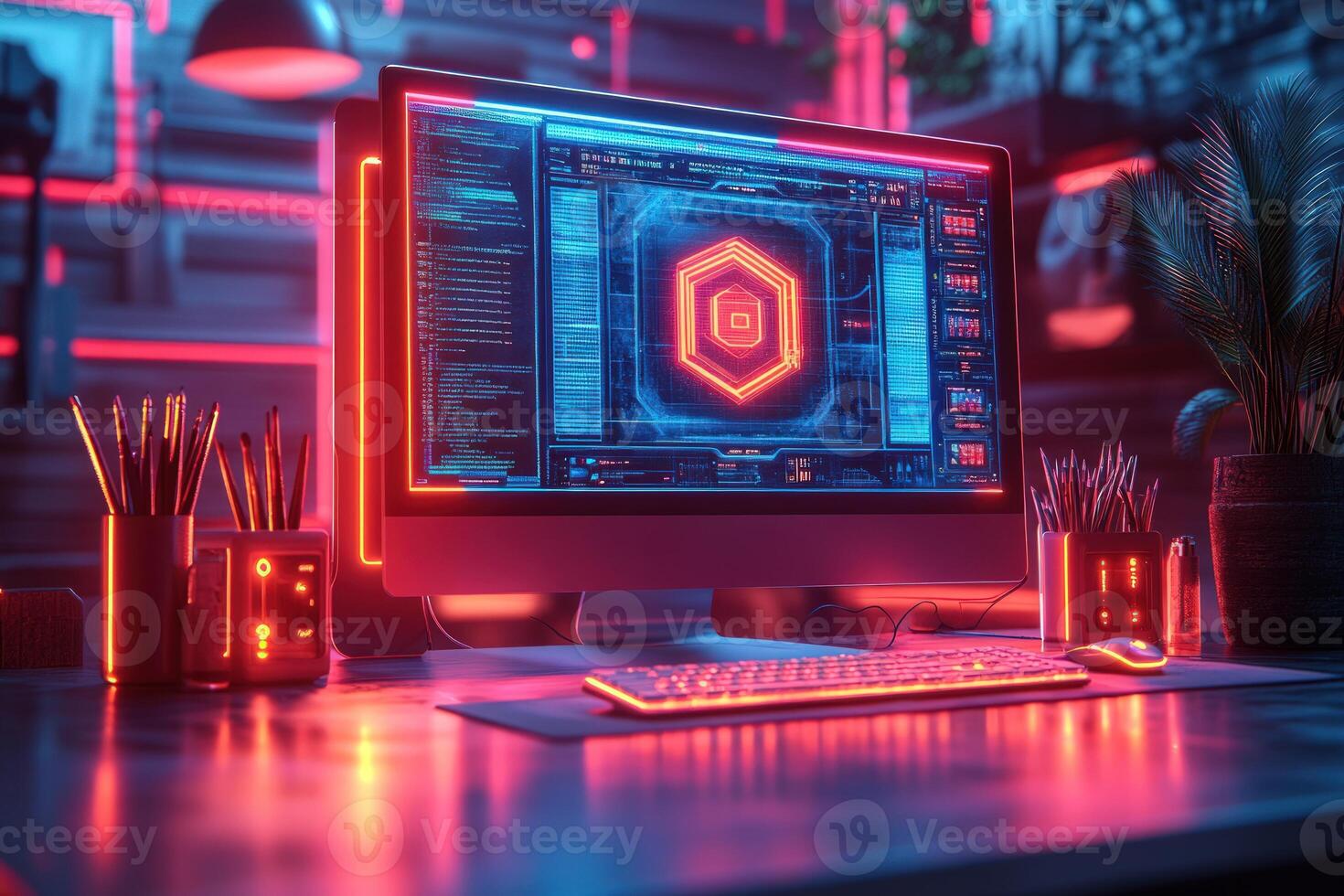 computadora pantalla mostrando programación código y digital interfaz con neón acentos foto