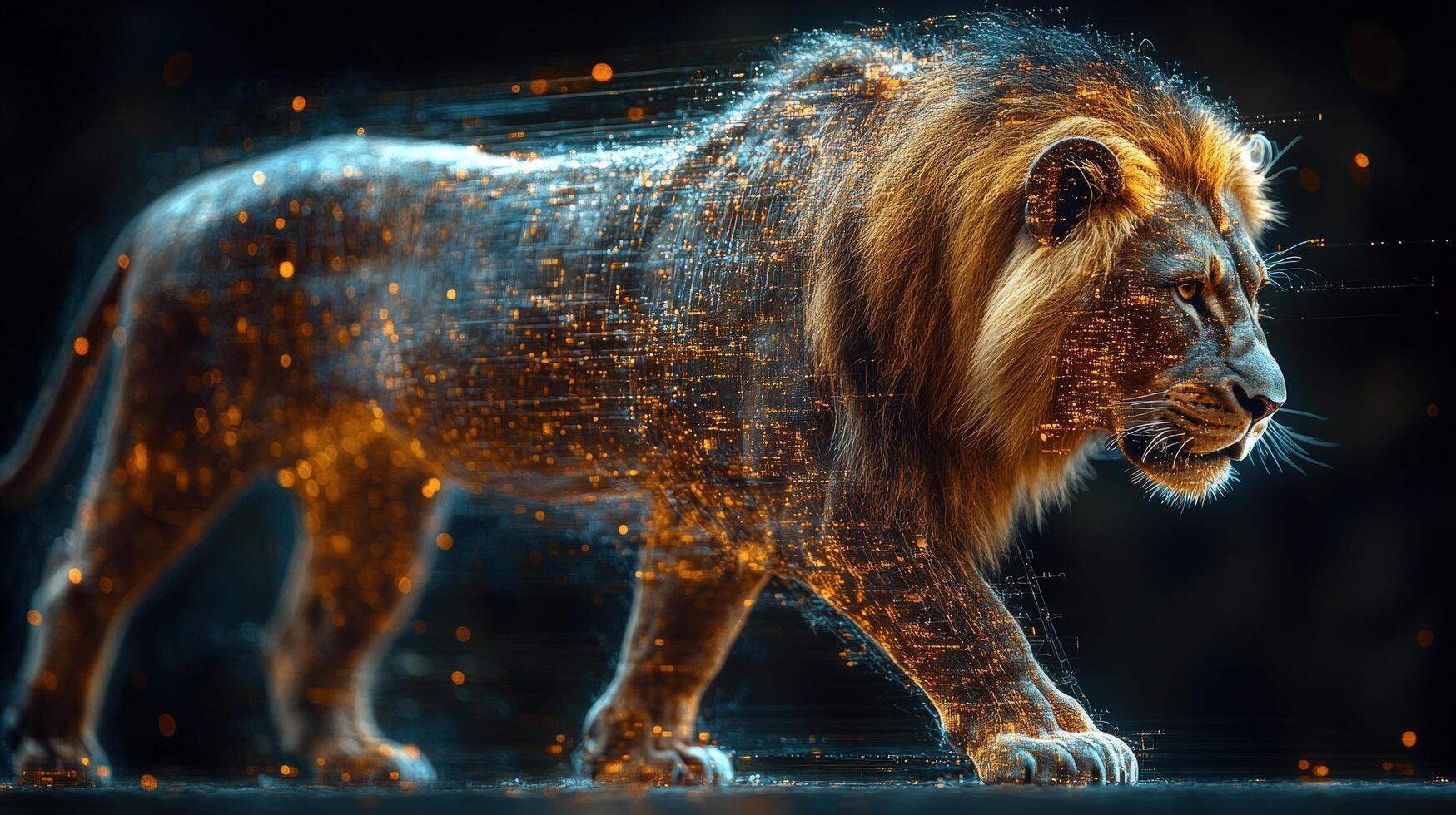 Lion walking with digital effect overlay representing technological integration photo
