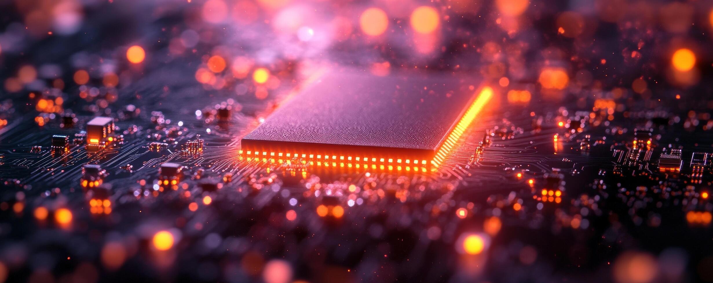 Microchip processor close up on circuit board computer technology component photo