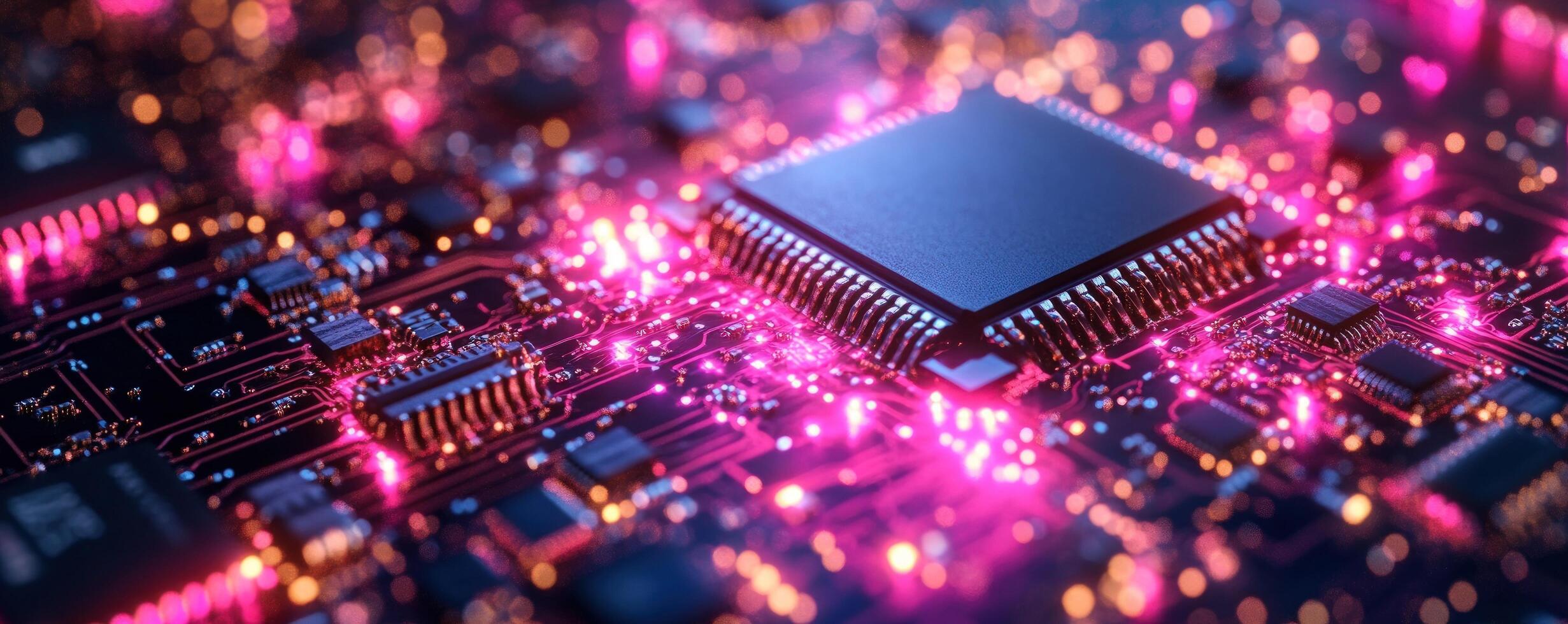 Intricate circuit board with microchip for digital technology and computing photo