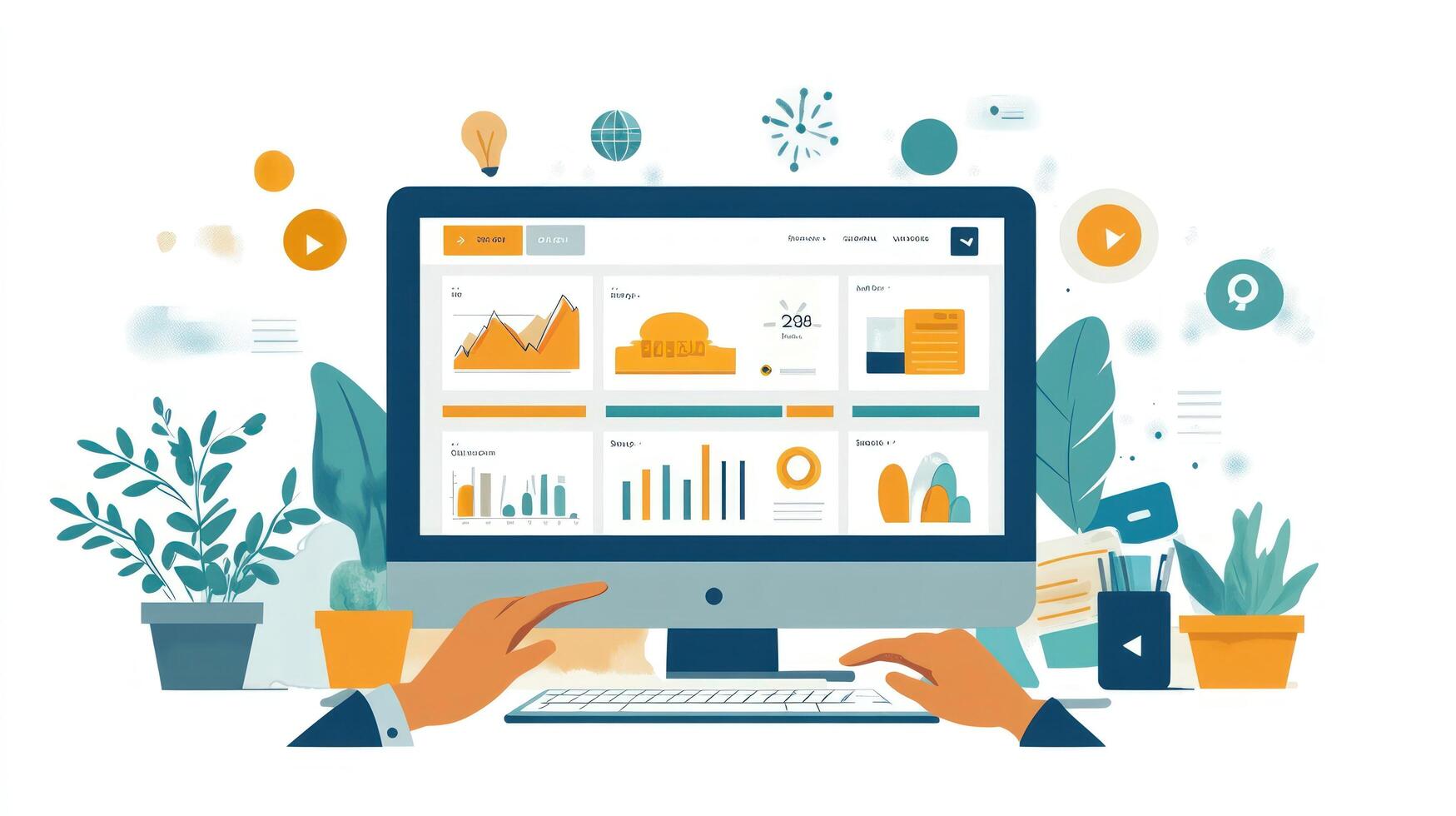 Computer displaying business analytics with hand interaction photo