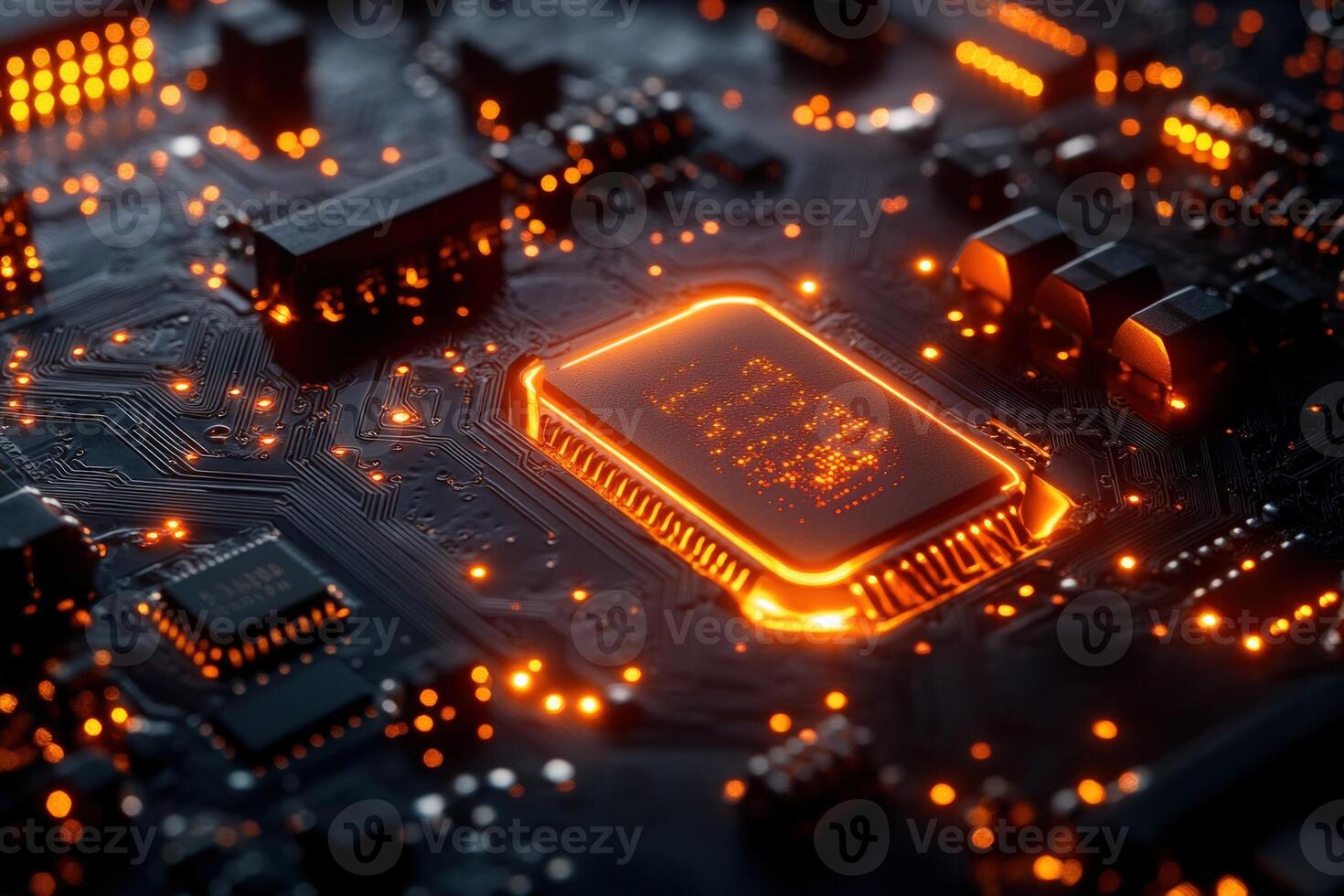 Computer circuit board with glowing cpu microchip technology photo