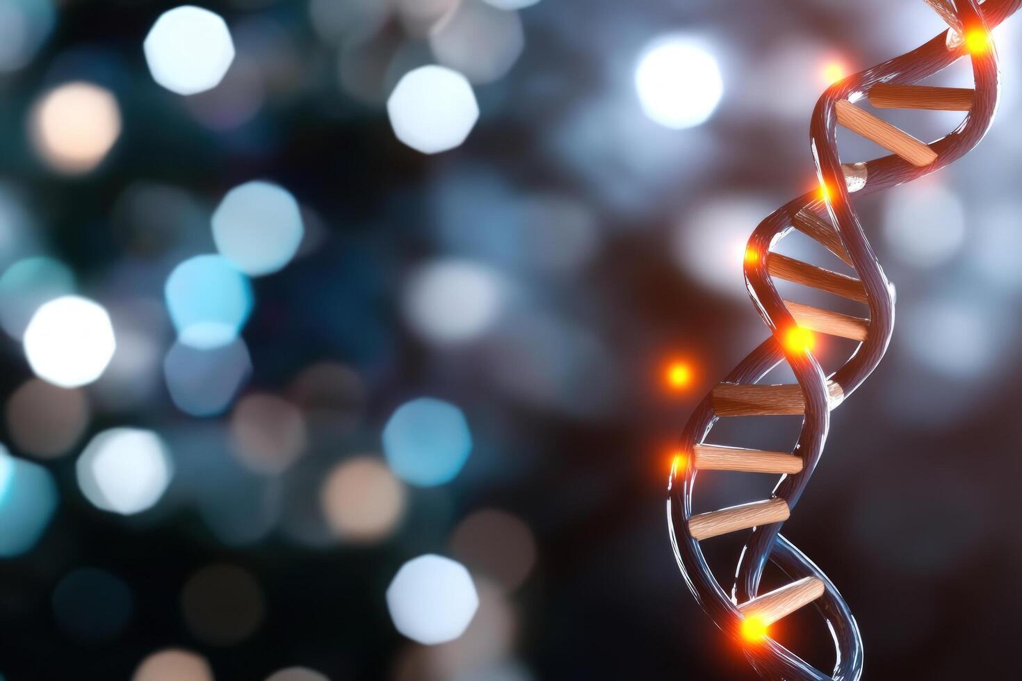 A 3D rendering of a DNA double helix with glowing elements against a blurred background. photo