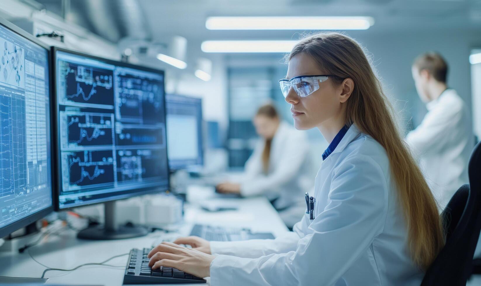 A female scientist in a lab coat and safety glasses working on a computer with data on the screen, with colleagues in the background. photo
