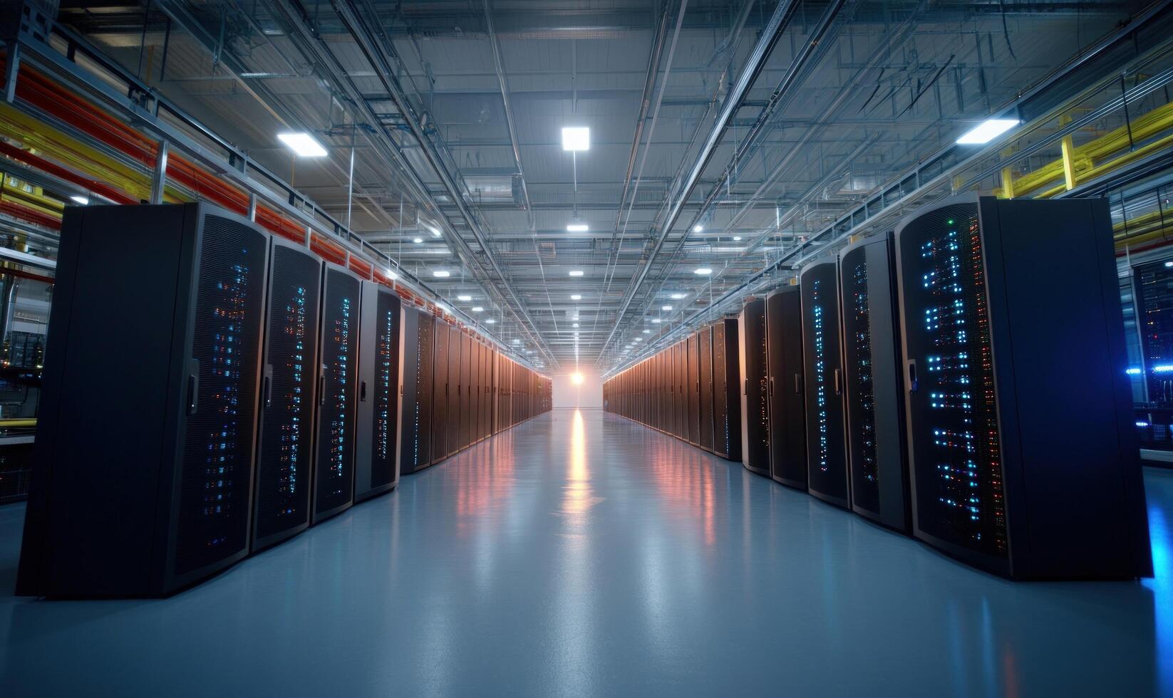 Rows of servers in a large data center, with a bright light at the end of the hallway. photo