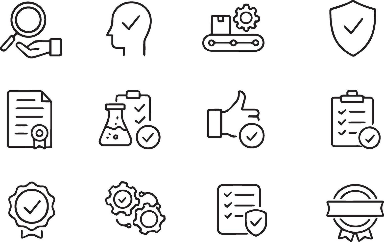 A set of icons that include a check mark, a check box, a magnifying glass, vector