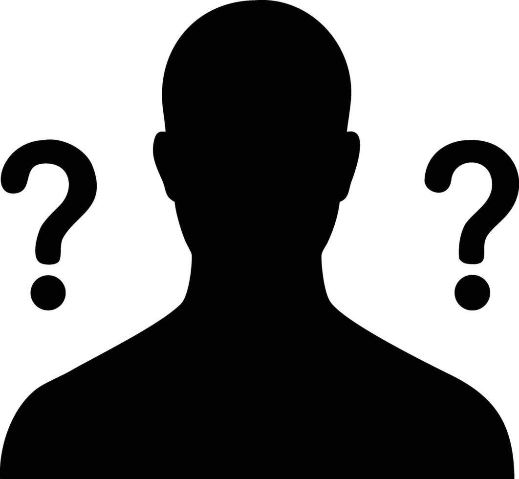 Person with multiple question marks overhead silhouette icon, confusion doubt curiosity problem solving art illustration vector