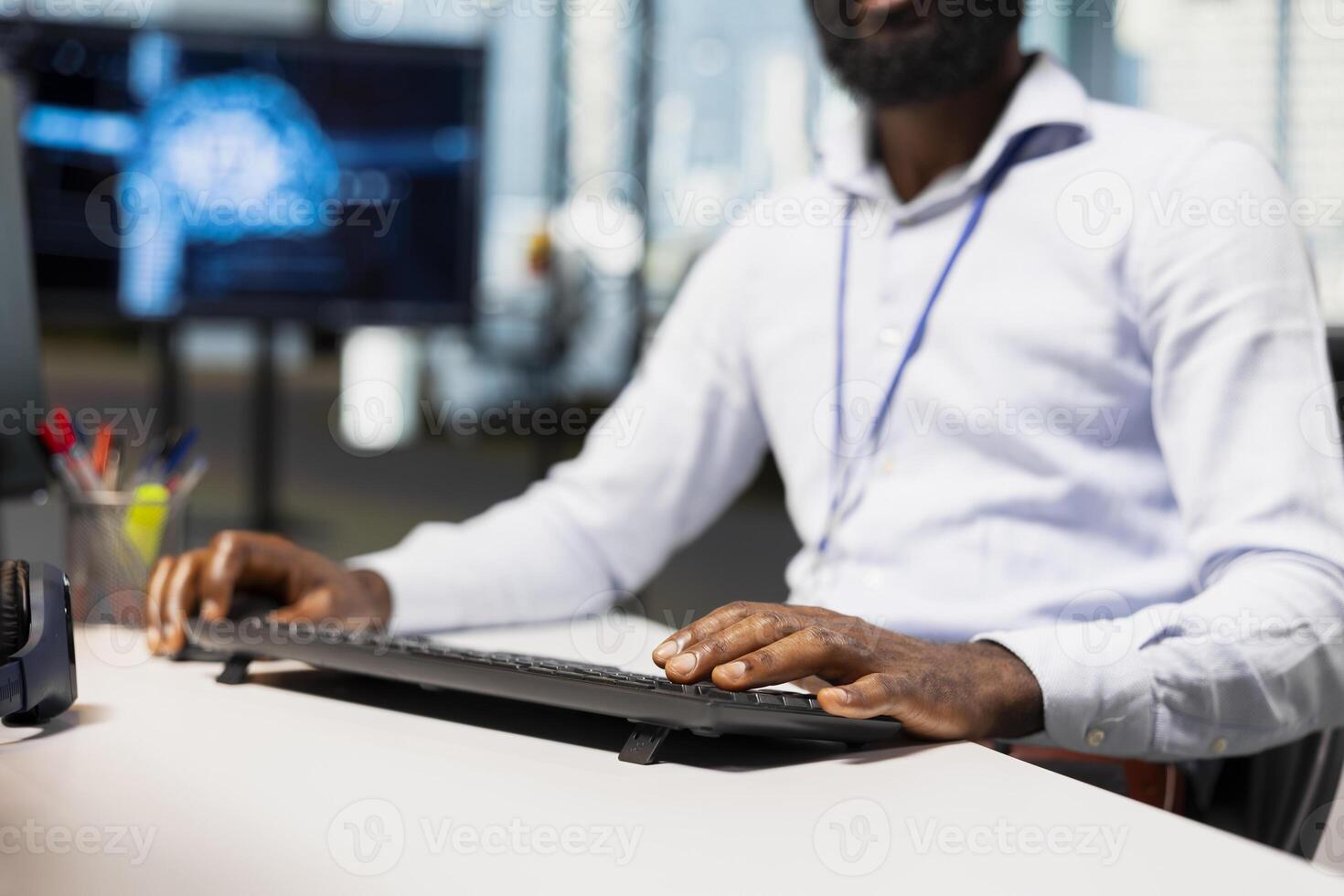 Close up of software developer adjusting machine learning algorithms parameters at work to automate tasks. Tech company IT expert working with AI driven insights for code optimization photo