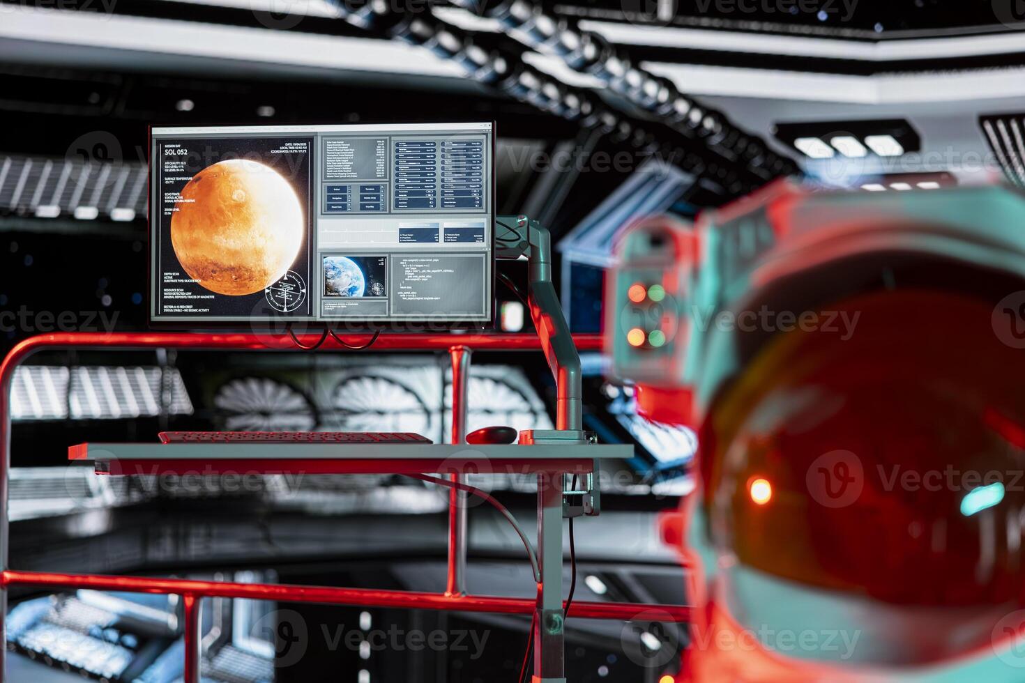 Red ambient light in spacecraft over Mars analysis displayed on screen. Futuristic spaceship cockpit control terminals showing planetary data during crewed mission to red planet photo