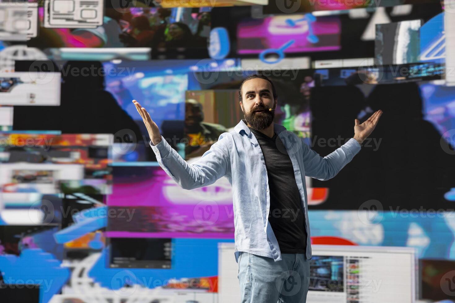 Content creator delivering a live presentation with a microphone, engaging an online audience for social media, digital interaction and creative branding in real time. Trend setter for innovation. photo